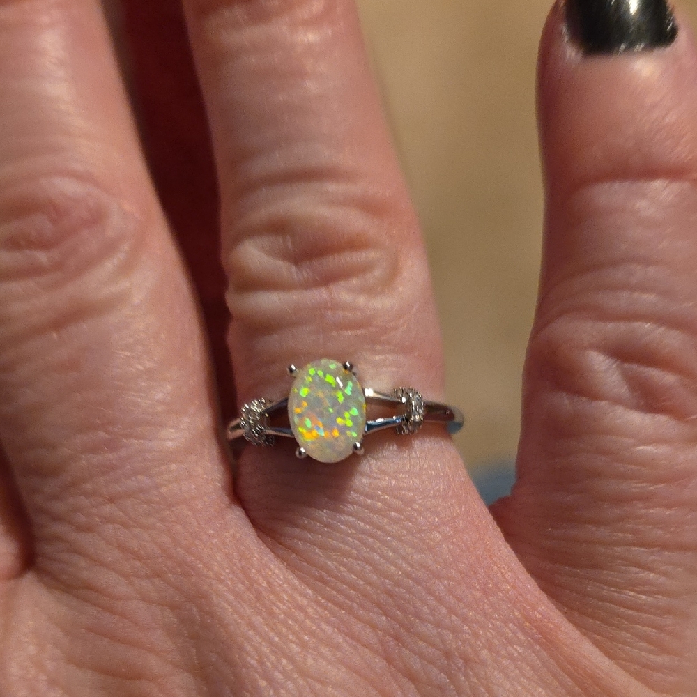 Silver Opal Solitaire Ring with White Accents